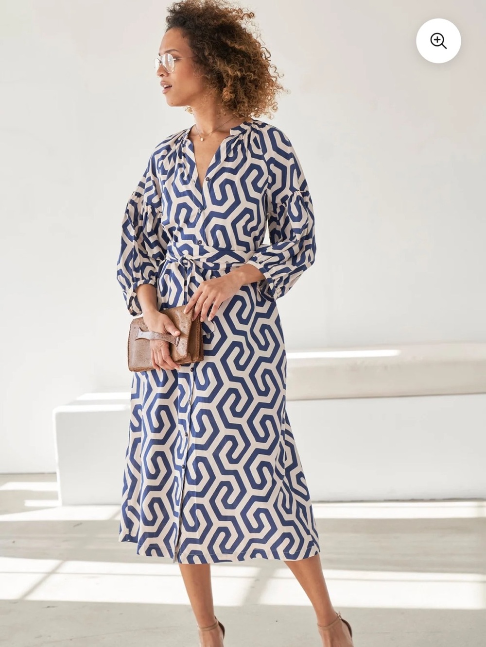 Ocean + Main NAVY GEOMETRIC COTTON BELTED AUBREY PEASANT DRESS WITH POCKETS